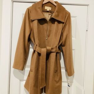 Michael Kors Dark Camel Wool Coat with Belted Waist